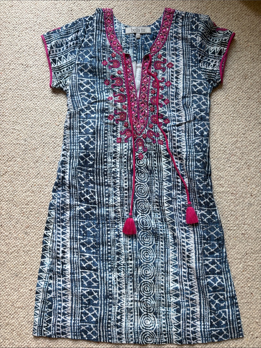 bella tu Navy & Pink Embroidered Mini Dress